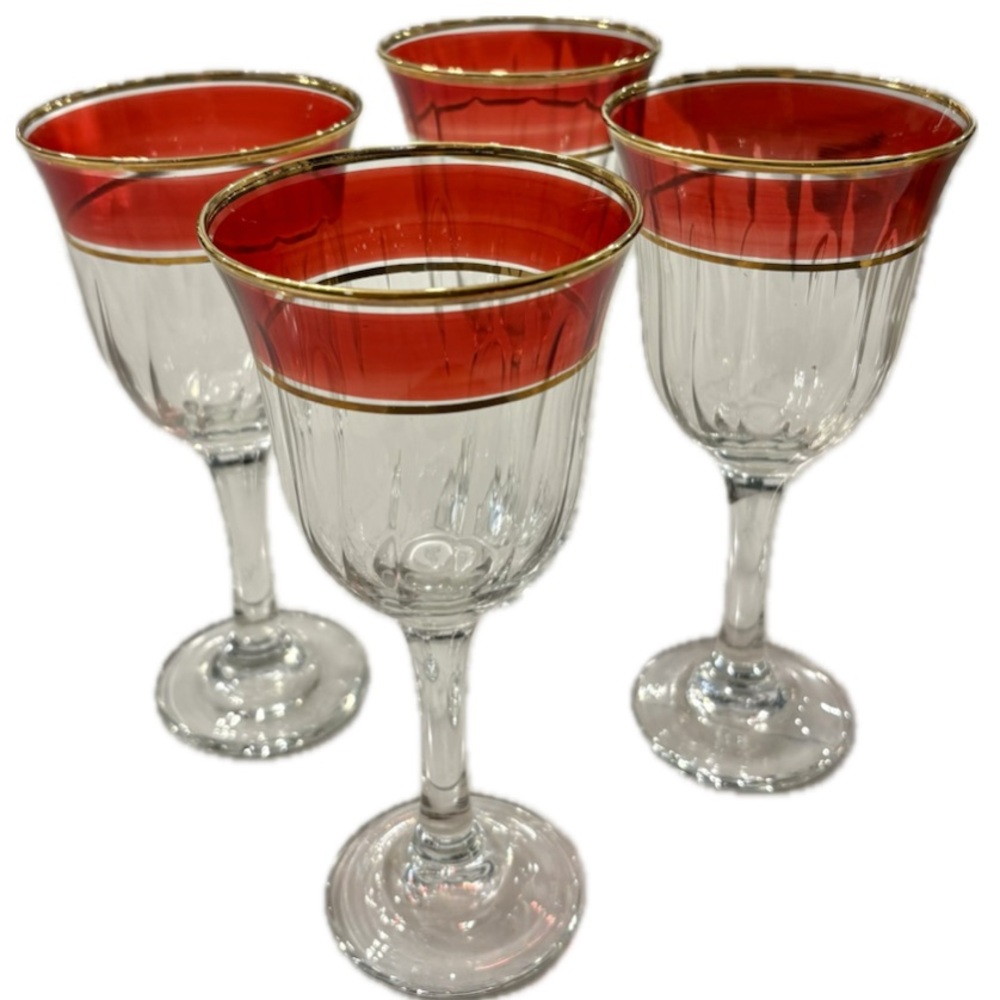 4 Cristalleria Fratelli Fumo ITALY WINE GLASSES FINE ART DECO RED GOLD RIM Chic